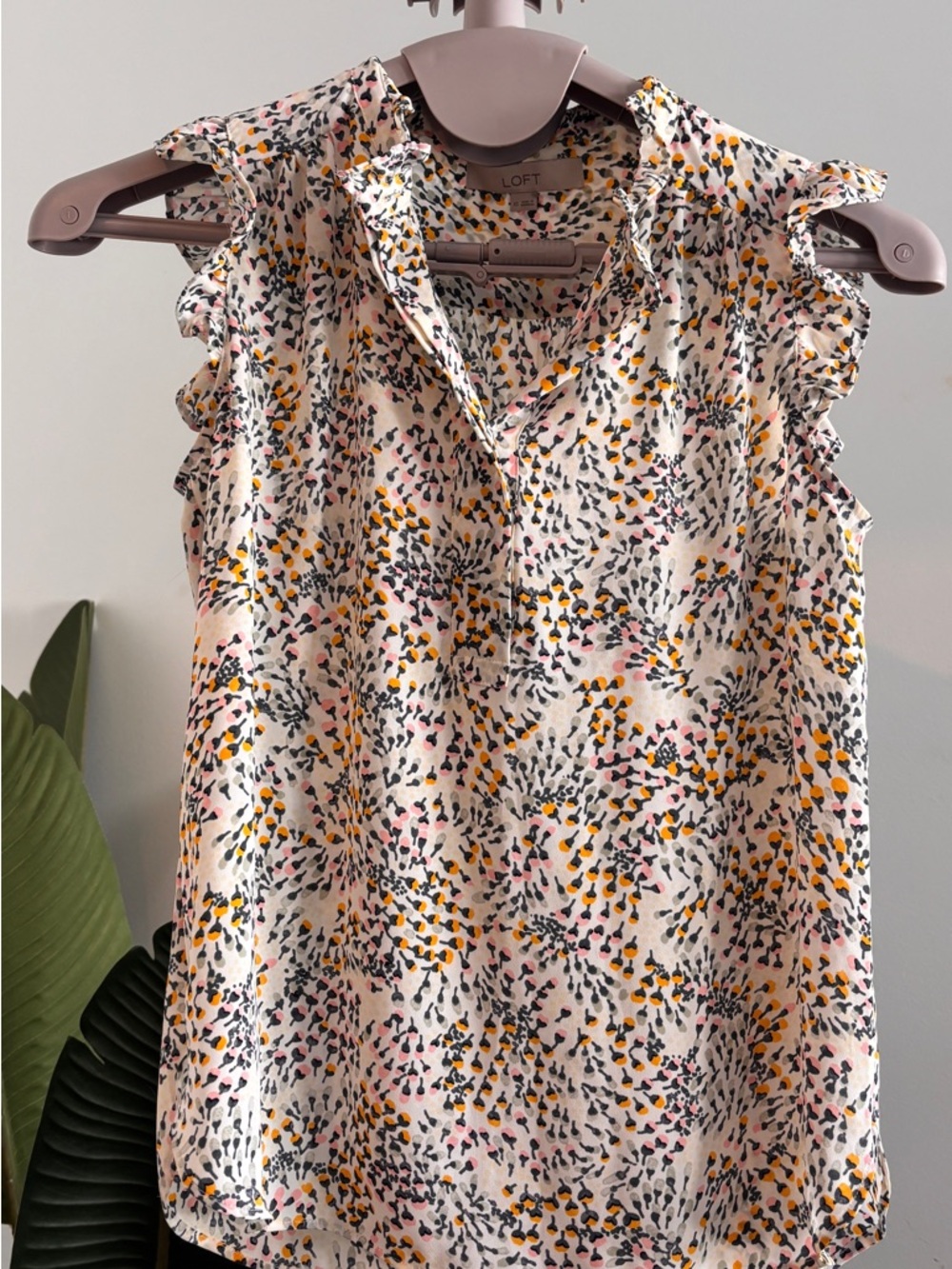 LOFT Cream Blouse with Yellow, Pink & Black Abstract Floral Print